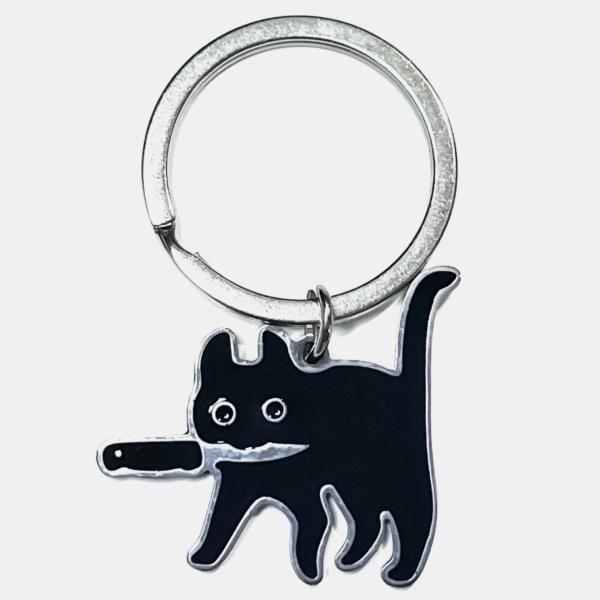 黒猫 キーホルダー 包丁 くわえた 猫 ねこ ネコ くろねこ クロネコ ナイフ シュール キュート ...