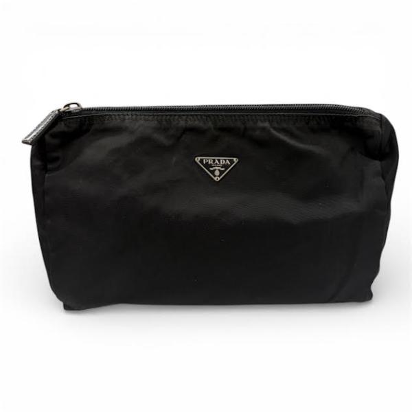 A013 PRADA プラダ 三角ロゴ プレート ブラック ナイロン ポーチ 中古