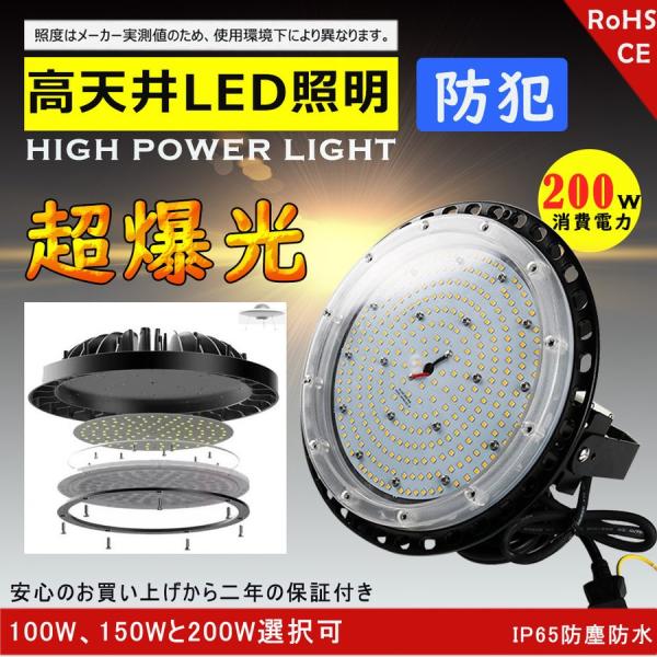 LEDハイベイライト 200W 32000LM 昼白色 円盤型 UFO型 高天井照明 高天井灯 LE...