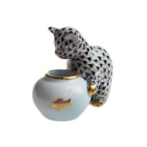 ヘレンド（HEREND） 金魚鉢をのぞきこむ猫 VH15740-0-00 レッド 新品箱