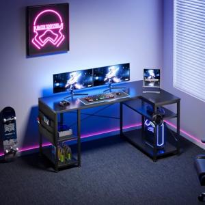 ゲーミングデスク l字デスク机pcデスク幅130cm パソコンデスク勉強机学習机 左右入替可棚板高さ調節可能 収納袋付き オフィスデスク ワークデスク黒い