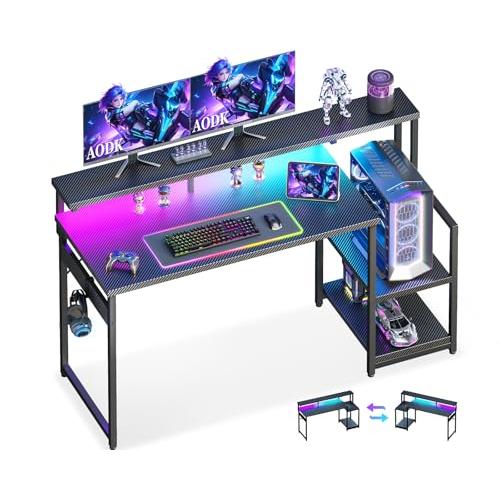 AODK ゲーミングデスク パソコンデスク LED付き 幅120cm モニター台&amp;棚付き 机 pcデ...