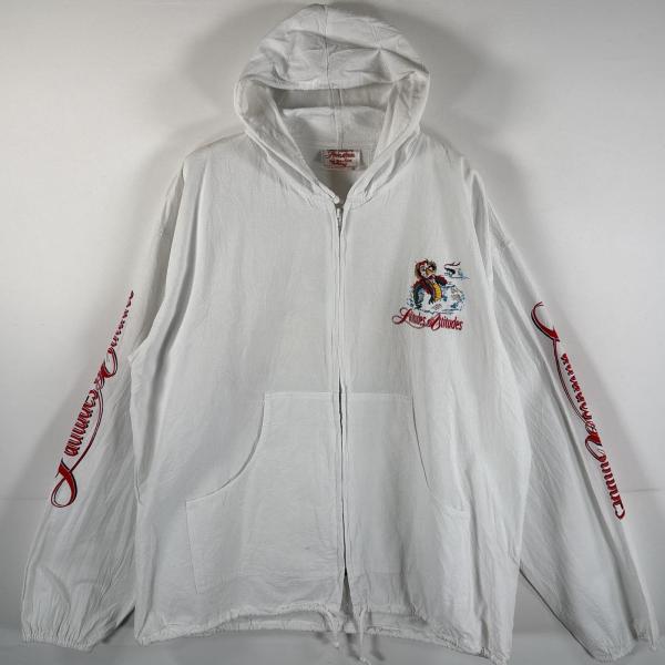 古着 ジップアップパーカー スリーブプリント フルジップ バックビッグプリント フーディー ビーチジ...