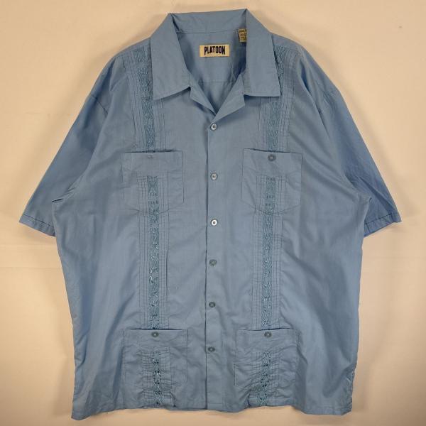 古着  PLATOON 半袖シャツ キューバシャツ 4つポケ 刺繍デザイン 3XL  水色 無地 メ...