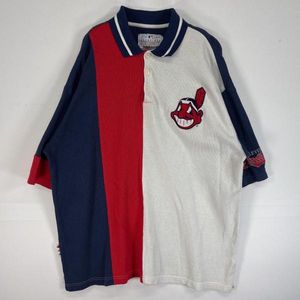古着 ミラージュ MIRAGE 半袖 ポロシャツ ワンポイント ロゴ インディアンス MLB 3ボタ...