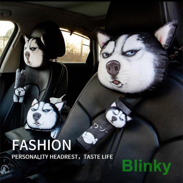 車のヘッドレスト かわいい 犬 猫 3D ソフト枕 ネッククッション ヘッドサポート シートベルトカ...