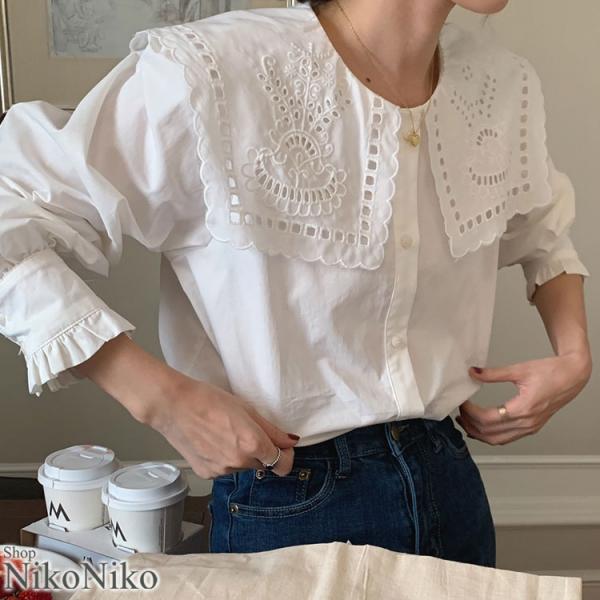 全品送料無料一部除く ビックカラー レース刺繍 フリル袖ブラウス maレディース 韓国 プチプラ お...