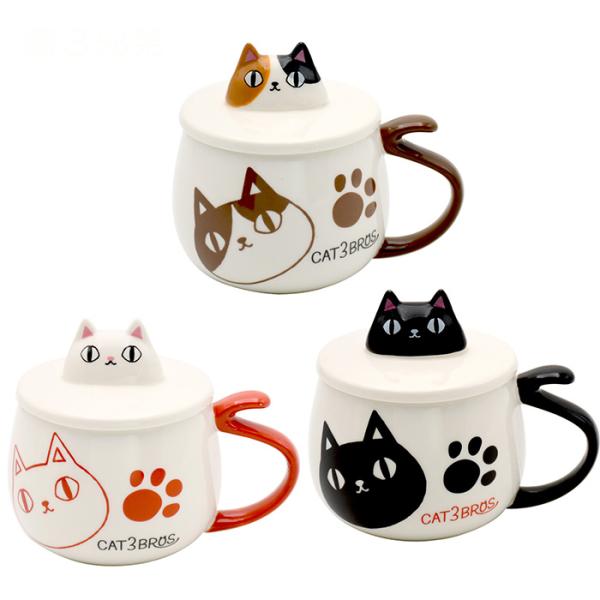 猫３兄弟 フタ付マグカップ  顔マグ 肉球 猫柄 あしあと 足跡