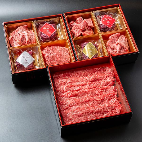 肉重箱/3段 ギフト 福島牛 ランプステーキ/肩ロース焼肉&amp;サイコロステーキ/いちぼすき焼き&amp;焼肉/...