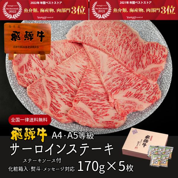 肉 送料無料  牛肉 和牛 ギフト 飛騨牛 サーロイン A4〜A5等級 170g×5枚 ステーキ 化...