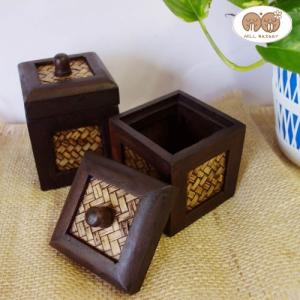 N-Chai 小物入れ 小物ケース ふた付き (ミニタイプ スクエア型) おしゃれ 木製 アンティーク風 和風 エスニック アジアン 小物収納