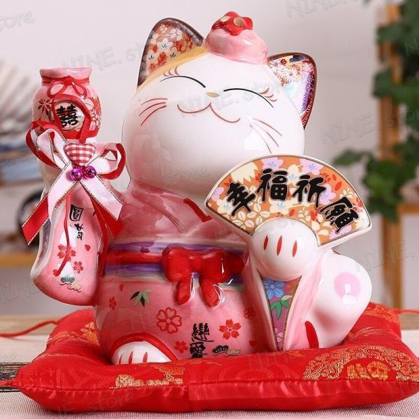 幸福祈願★国内希少♪招き猫 貯金箱 陶磁 工芸品 装飾品 ギフト 雑貨 座布団付き 開店祝い 置物 ...