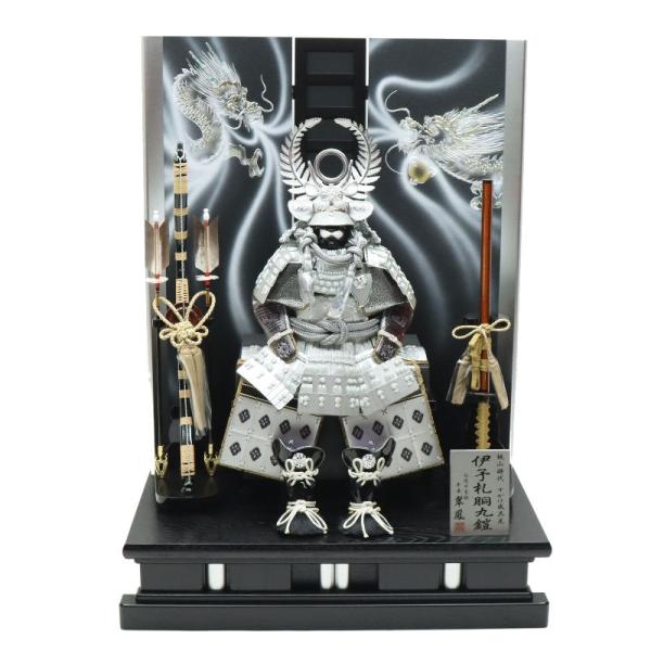 五月人形 鎧飾り平飾 翠鳳作 10号 銀武者鎧 徳川家康 銀盛上龍 2024-yb067 幅80cm