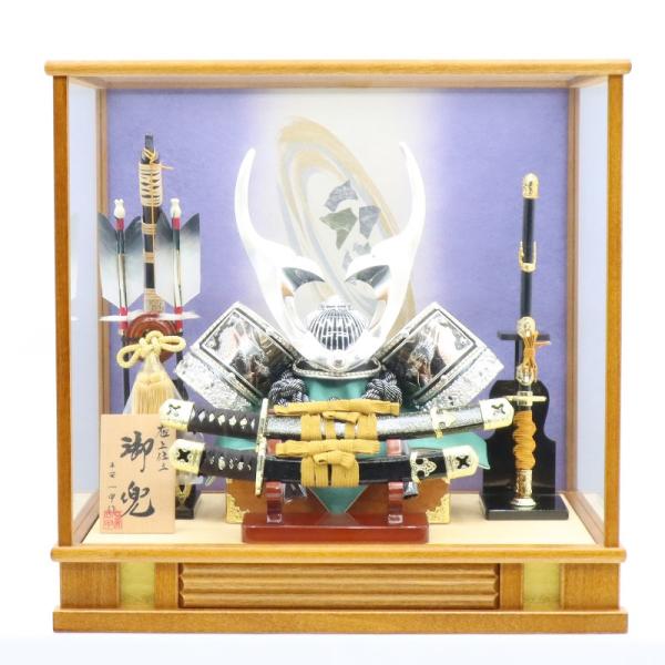 五月人形 兜 ケース飾り 平安一甲作 12号 蒼空 幅48cm ガラスケース オルゴール付き 茶木目...