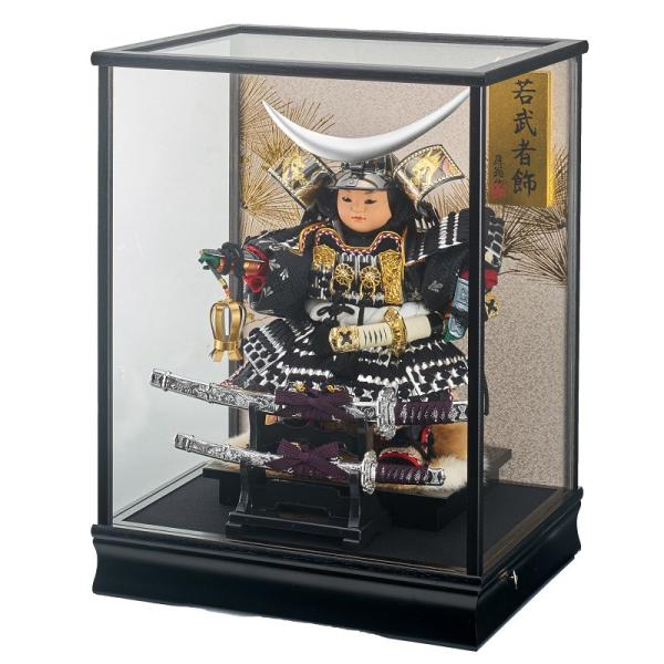 五月人形 ケース飾り子ども大将 伊達 銀 幅38cm ガラスケース 黒塗り オルゴール内蔵 太刀付