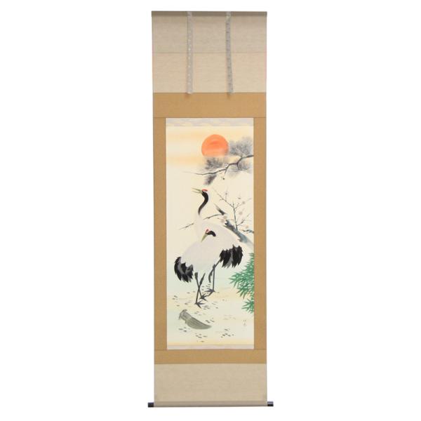 アウトレット品 掛軸慶祝画 尺五 松竹梅鶴 (筆者：辻明春) 22a-ya-2381