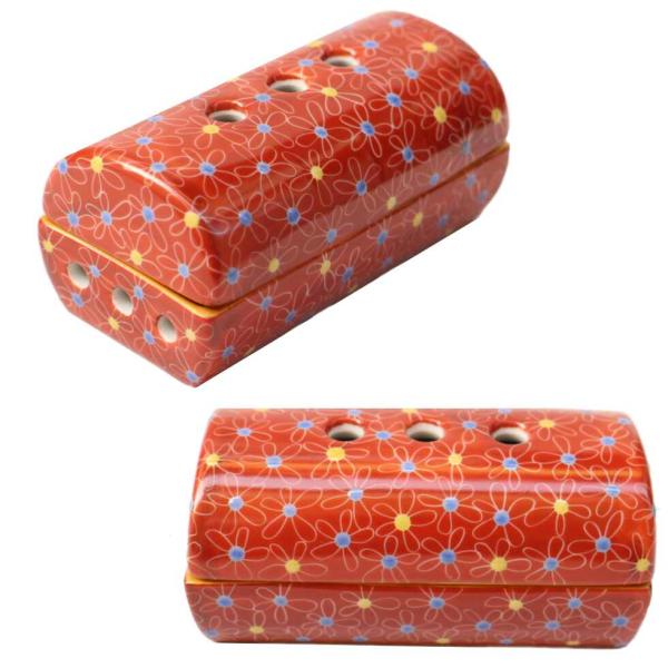 香炉 横置き 筒型香炉 「小」 九谷焼 陶器製 花紋朱巻 防炎フエルト2枚付き