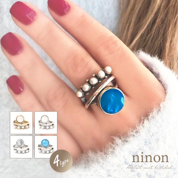 指輪 レディース リング 太め アンティーク調 大粒 パール ビジュー デザイン オープンリング メ...