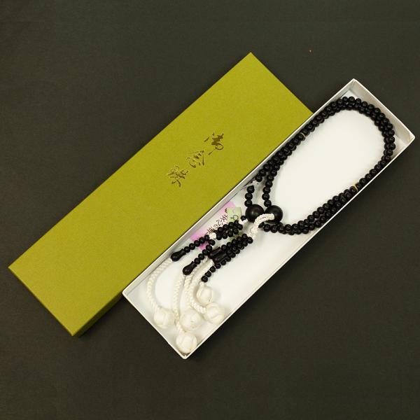 創価学会　男性用高級京念珠　本黒檀　素挽き　尺　親玉共仕立　正絹かがり梵天房