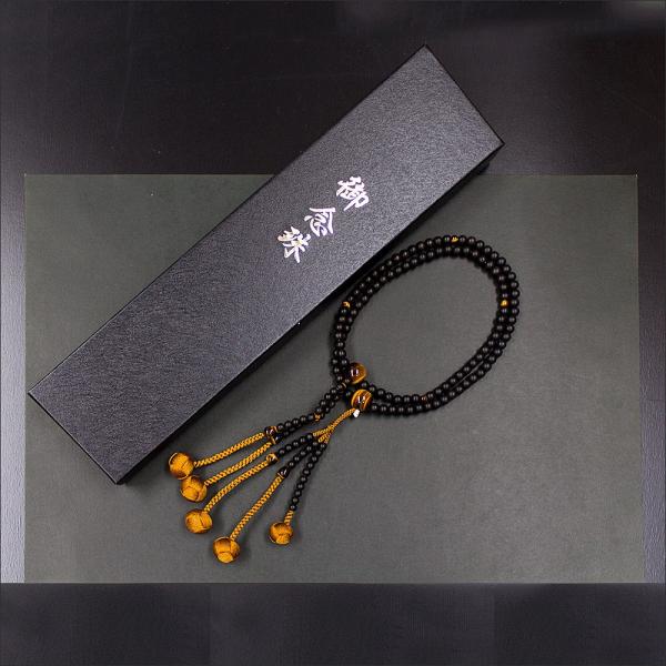 創価学会　黒檀とトラメ石念珠　トラメ石親玉　金茶手毬梵天