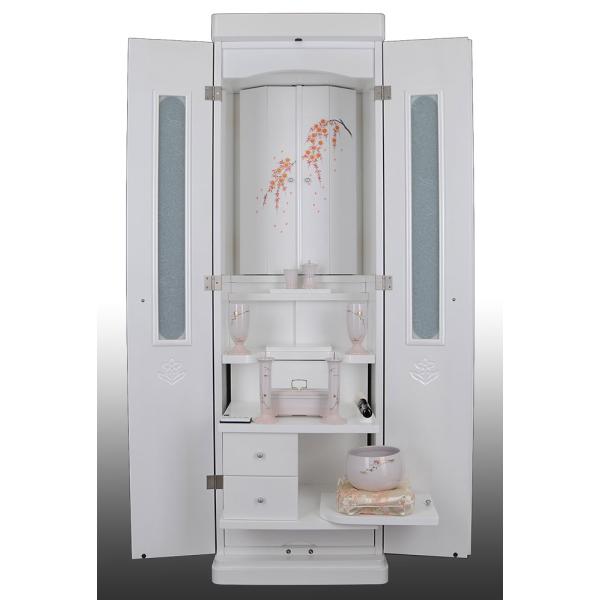 創価学会仏壇　プリティー・ホワイト　しだれ桜蒔絵　仏具　付属品　LED照明付
