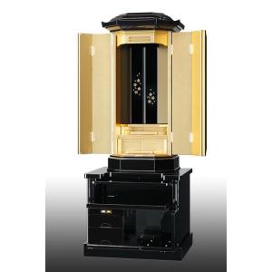 創価学会仏壇　翼　匠型　金茶色桜蒔絵　漆（うるし）調黒塗り　仏具　付属品　LED照明付
