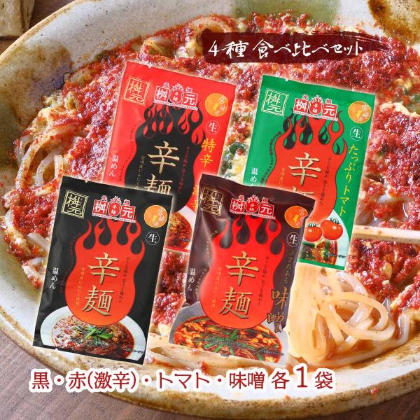 [辛麺屋 桝元] 宮崎 辛麺 桝元 4種 食べ比べ セット 各1袋(黒/赤(激辛)/トマト/味噌)/...