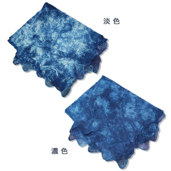 透け感が素敵なカトレア柄刺繍　天然藍染レースハンカチ（3L）　藍染工房染屋たきうら・岩手県 送料無料...