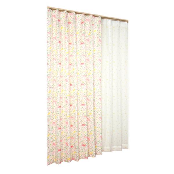 ユニベール ねこ柄ドレープ&amp;ねこ柄レースカーテンセット さんぽだにゃん ピンク 幅100×丈135c...