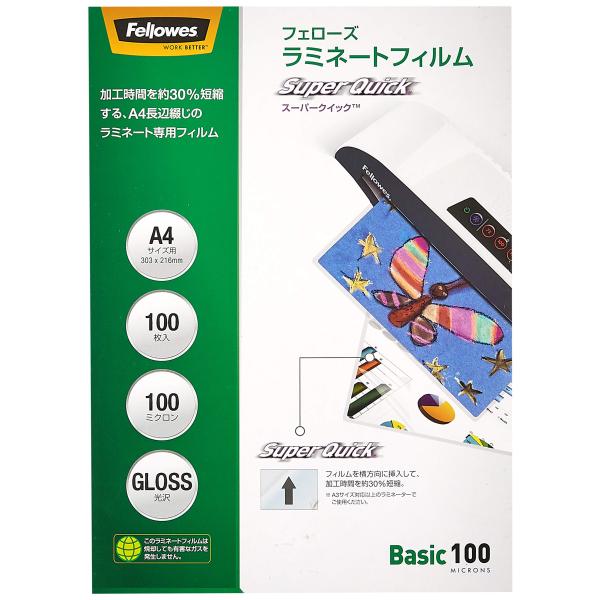 フェローズ ラミネートフィルム 100ミクロン 長辺綴じ A4 サイズ用 100枚入 5848101