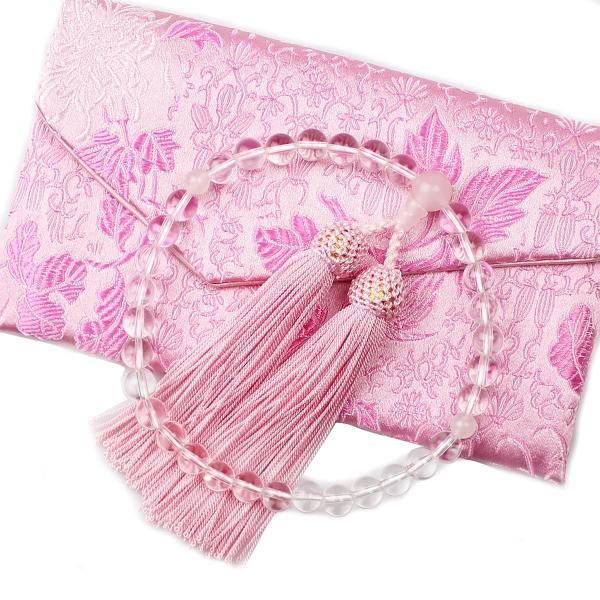 数珠 ふくさ 数珠入れ（女性用 3点セット） 紅水晶（ローズクォーツ） 8mm玉 念珠 略式数珠 正...