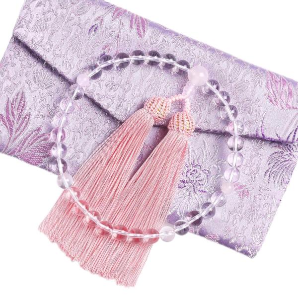 LEOBEE 数珠 念珠 女性用 本水晶 紅水晶(ローズクォーツ) マグネット式数珠袋付き 全ての宗...