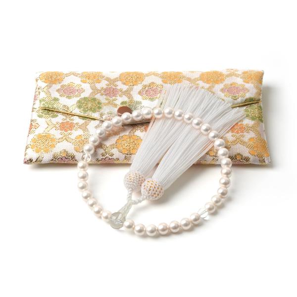 [EsuonHappiness] 数珠 女性用 3種類 貝パール 本水晶 西陣織金襴 数珠入れ 特典...