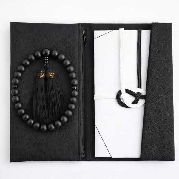 漆ぷろだくと 数珠 京念珠 男性用 黒檀 新黒檀 全ての宗派でお使い頂けます (袱紗ふくさセット)