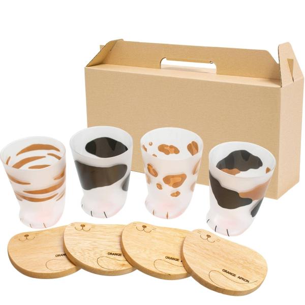 coconeco ここねこグラス (230ml / 4個セット) 底面にピンクの肉球 コップ (新生...