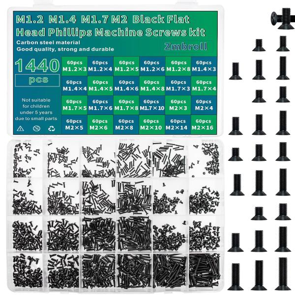 Zmbroll 1440本の黒ノートパソコンネジM 1.2 M 1.4 M 1.7 M 2平頭機械ネ...