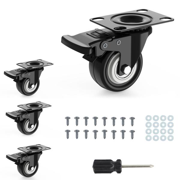 DEWEL プレート キャスター 車輪 交換 台車 静音 ストッパー付き 2インチ ゴム ウレタン ...
