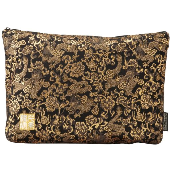 千糸繍院 西陣織 金襴 ポーチ／御朱印帳ケース（裏地付き） 黒金龍 (LLサイズ)