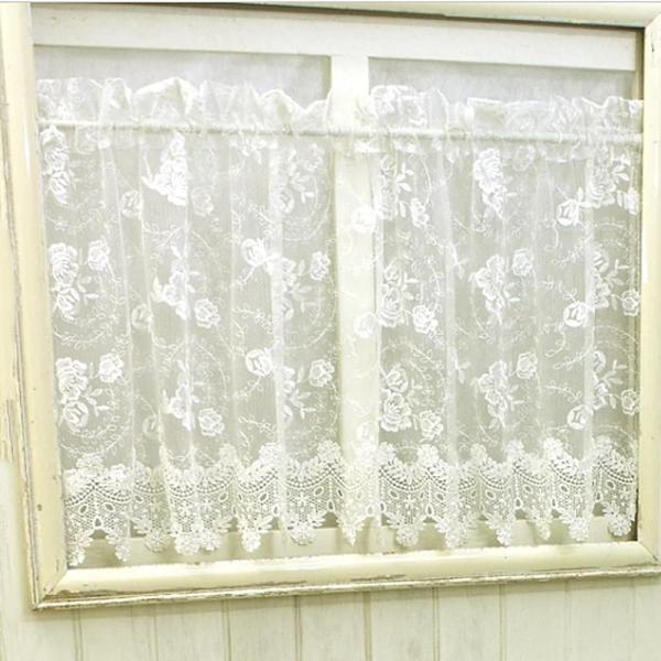 おしゃれ カフェ カーテン ローズ バラ 刺しゅう ブリリアントレース ホワイト系 135×45cm