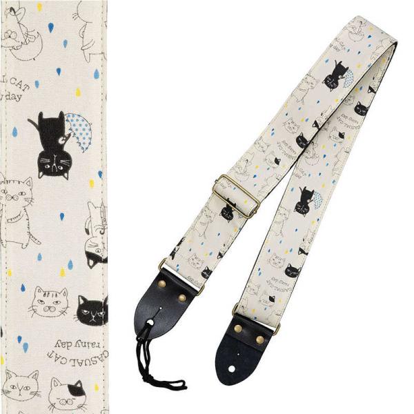 Aria 日本製 ギターストラップ ネコ柄 白　SPS-2400Cr WH ひも付き ベース・アコギ