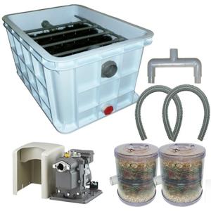 ☆3〜5tの池用濾過槽＋日立 B-P100X 単相100V 50Hz＋HKストレーナー 庭池仕様 2個 2連ジョイント サクションホース付(取上げ用網付)