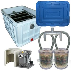 3〜5tの池用濾過槽 蓋付＋日立 ビルジポンプ B-P100X 単相100V 60Hz＋HKストレーナー 庭池仕様 2個 2連ジョイント サクションホース付(取上げ用網付)