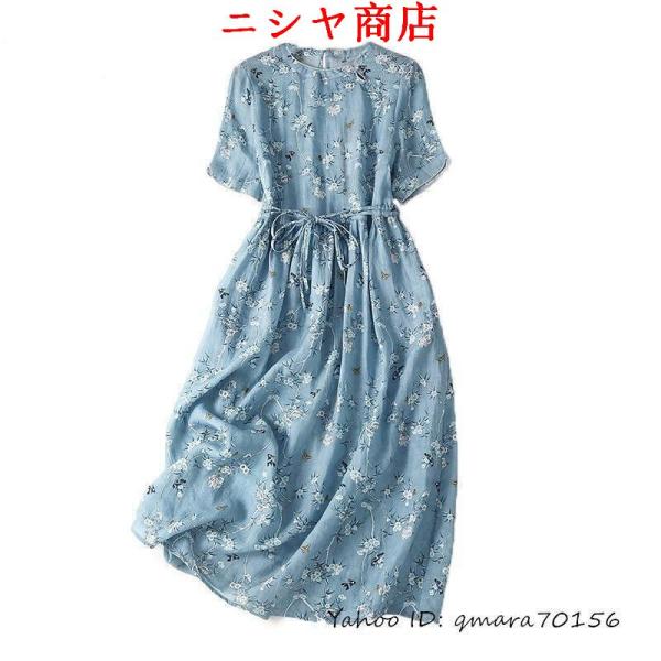 美品 大人 上品 エレガントな花柄プリント綿麻ワンピース レディース ワンピース 50代 60代 フ...