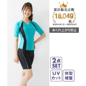 水着 大きいサイズ レディース Fe袖付き切替え補整 2点セット ゆったりバスト スポーツウェア M/L/LL/3L ニッセン nissen