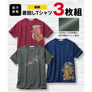 Tシャツ カットソー メンズ 吸汗速乾 半袖 プリント 3枚組 和柄 夏 3L/4L/5L ニッセン