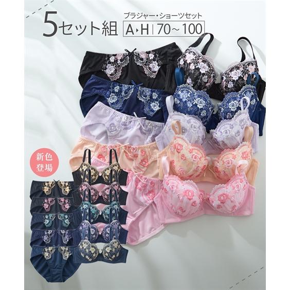 ブラジャー ショーツ セット レディース 小花柄 刺しゅう 5セット組 E70_M〜G80_LL ニ...