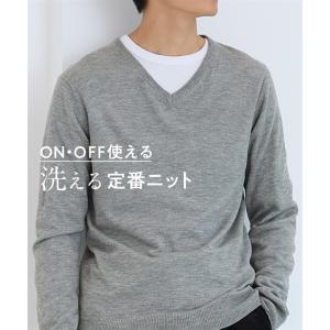 送料無料 紳士 メンズ Vネック ニット セーター 毛混 洗濯機で洗える