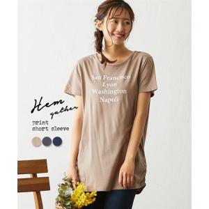 Tシャツ カットソー レディース 裾ギャザー プリント 半袖 ロング M/L ニッセン nissen｜nissenzai