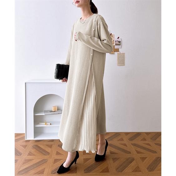 ワンピース ロング マキシ レディース ふんわりリブ ニットソー プリーツ 切替 冬 LL/3L/4...