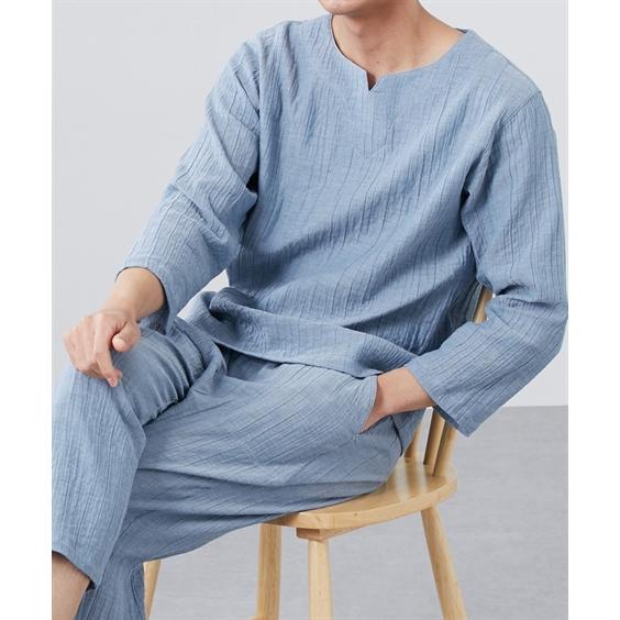 ルームウェア メンズ ソフトで肌離れがいい シャーリングガーゼ上下 セット 9分袖 トップス ＋9分...